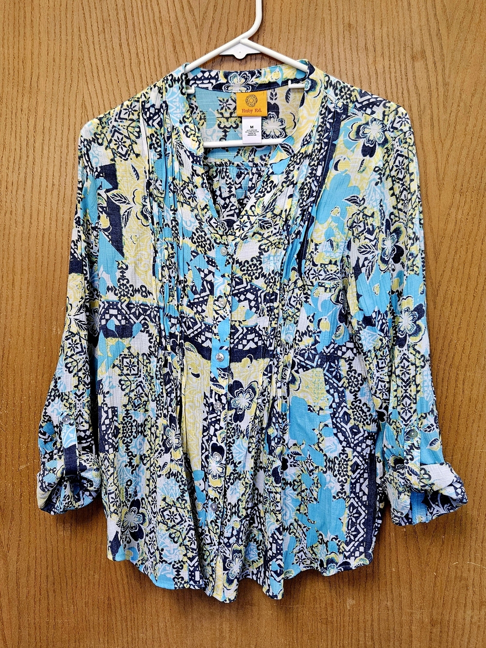 Ruby Rd. Blue Navy Yellow Floral Pintuck Button-Front Tunic